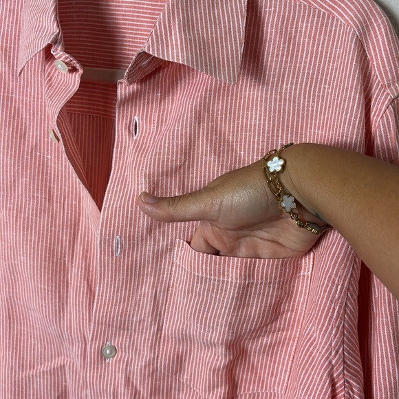 Tahari Linen Cotton Blend Striped orange white button down shirt size M - Picture 4 of 8